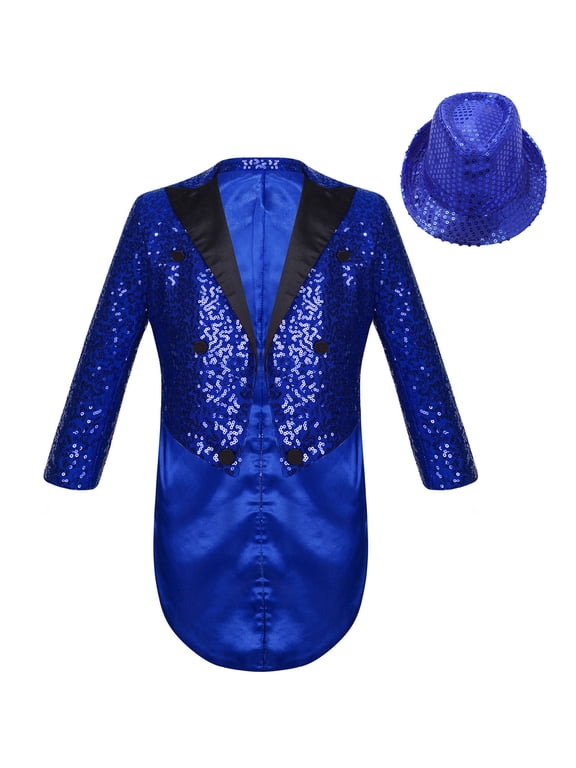 Boys Sequin Tailcoat Classic Fit Tuxedo Suit Jacket Dinner Party Show Swallow-Tailed Coat Blue-A 6