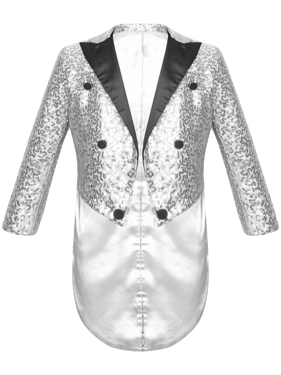 Boys Sequin Tailcoat Classic Fit Tuxedo Suit Jacket Dinner Party Show Swallow-Tailed Coat Silver 8