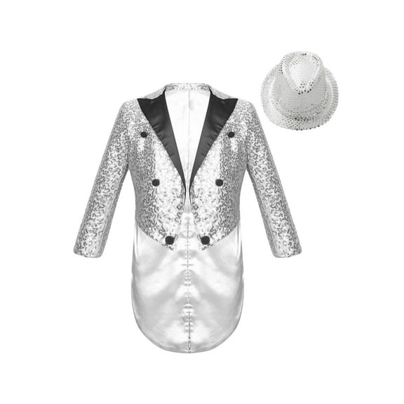 vastwit Boys Sequin Tailcoat Classic Fit Tuxedo Suit Jacket Dinner Party Show Swallow-Tailed Coat Silver-A 10