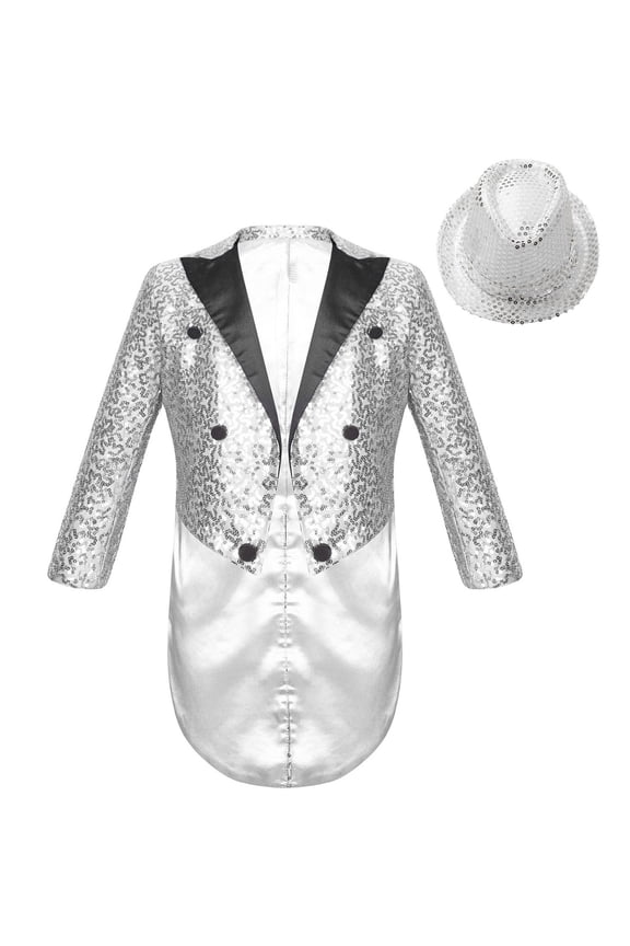 Boys Sequin Tailcoat Classic Fit Tuxedo Suit Jacket Dinner Party Show Swallow-Tailed Coat Silver-A 14
