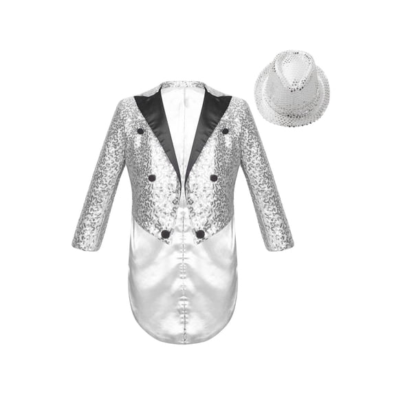 vastwit Boys Sequin Tailcoat Classic Fit Tuxedo Suit Jacket Dinner Party Show Swallow-Tailed Coat Silver-A 6