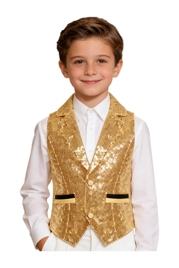 Boys Sequin Vest Glitter Waistcoat V Neck Dance Top Sparkly Sleeveless Lapel Buttons Jacket Gold 6