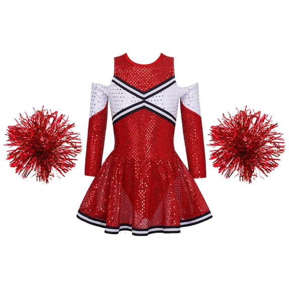 vastwit Cheerleading Outfit for Girls Cheer Leader Sequins Dance Dress with Pom Poms Red 6