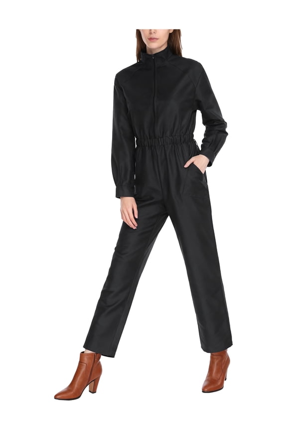 Coveralls for Women Long Sleeve Stand Collar Zipper Overalls Work Jumpsuit Straight Leg Pants Romper Black S