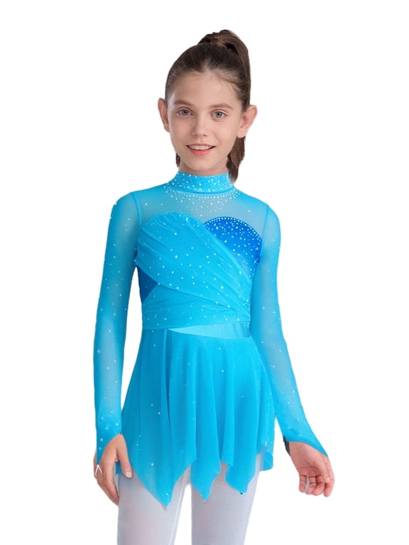 Figure Ice Skating Dress for Girls Long Sleeve Glitter Mesh Tutu Skirt Leotard Ballet Dance Dress Dancewear Light Blue 6