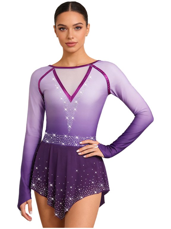 Figure Ice Skating Dress for Women Rhythmic Gymnastics Performance Tutu Skirted Leotard Dance Competition Blue Purple L