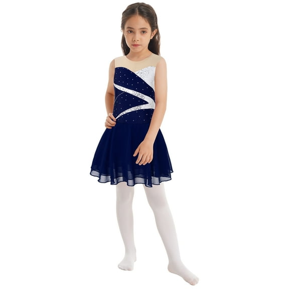 vastwit Figure Skating Dress Kids Girls Gymnastics Leotard Ballet Dance Dress Performance Costume Navy Blue 10