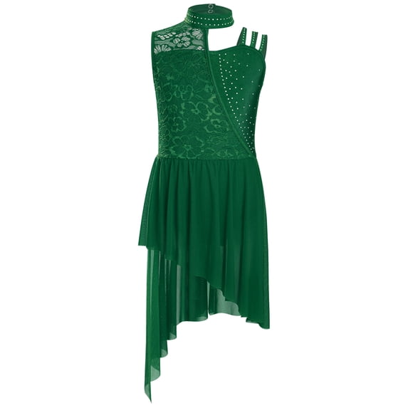 vastwit Figure Skating Dress for Girls Sleeveless Floral Lace Asymmetrical Skirt Leotards Ballet Lyrical Dance Dress Green 14