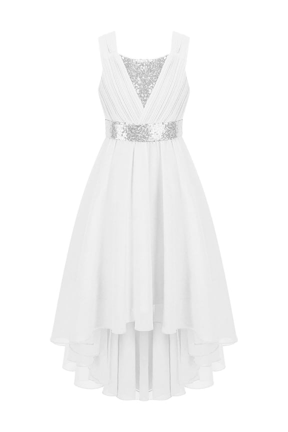 Flower Girl High Low Dress Sleeveless Sparkle Sequins Chiffon Party Wedding Bridesmaid Dress Silver 8