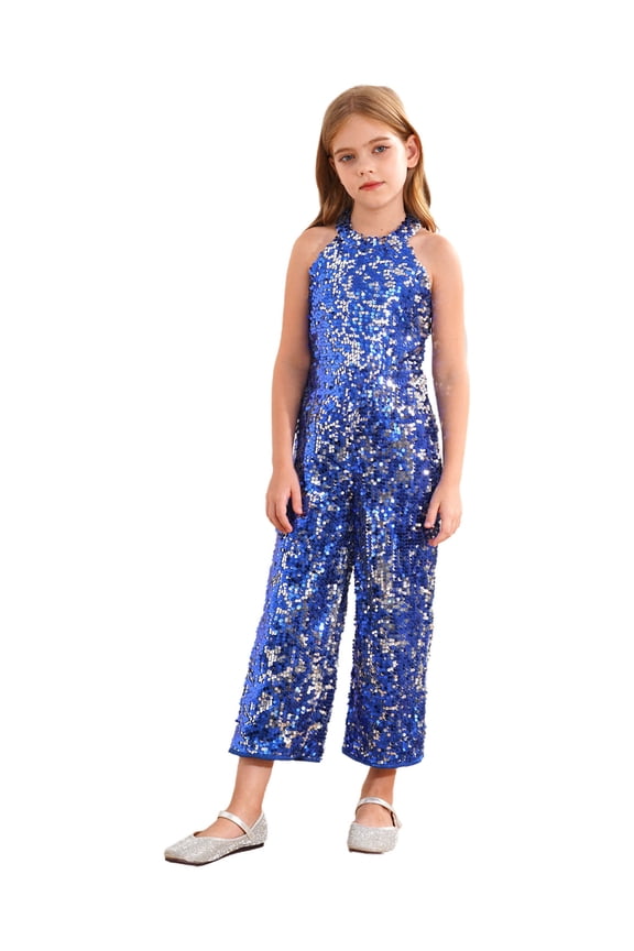 Flower Girl Pageant Sequin Jumpsuit Halter Sleeveless High Waist Wide Leg Long Romper Pants Royal Blue 14