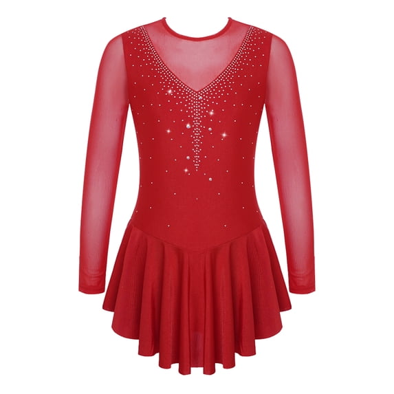 vastwit Girl Rhinestone Figure Ice Skating Dress Ballet Dance Gymnastics Leotard Mesh Tutu Skirted Burgundy 12