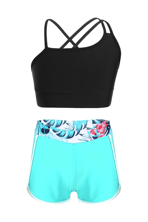 Girls 2 Piece Ballet Dance Costume Sleeveless Crop Top with Shorts Set Gymnastic Outfits Leaf 6