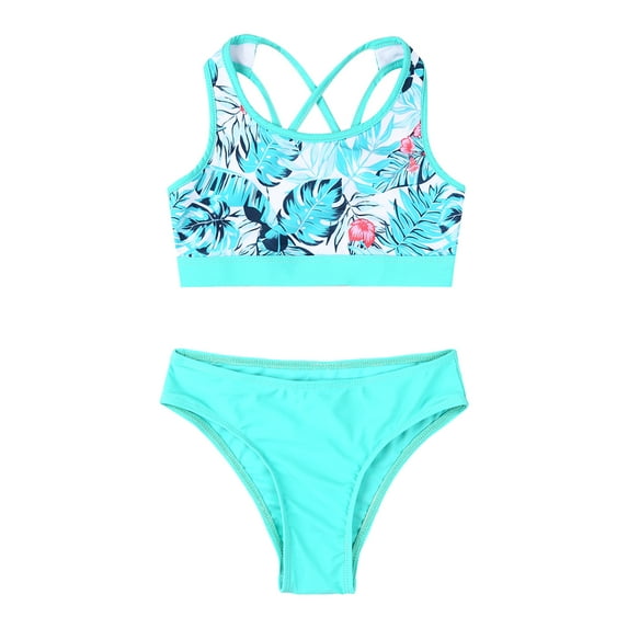 vastwit Girls 2 Piece Bathing Suit Criss Cross Bikini Tops with Bottoms Set for Beach Pool Party Green Palm Leaf 14