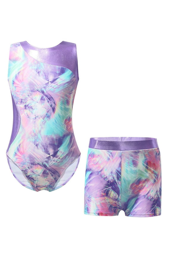Girls 2 Piece Dance Sports Outfits Ballet Gymnastics Leotard with Shorts Set Colorful Shadow 6