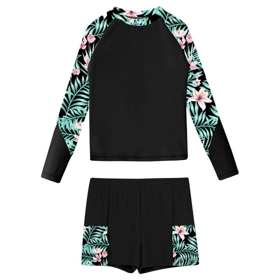vastwit Girls 2 Piece Swimsuit Long Sleeve Pullover Swim Tops with Shorts Set Sun Protection Swimwear Black 8