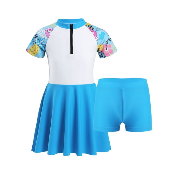 vastwit Girls 2 Piece Swimsuit Short Sleeve Swim Dress with Bottoms Set Beach Sports Swimwear Blue 10