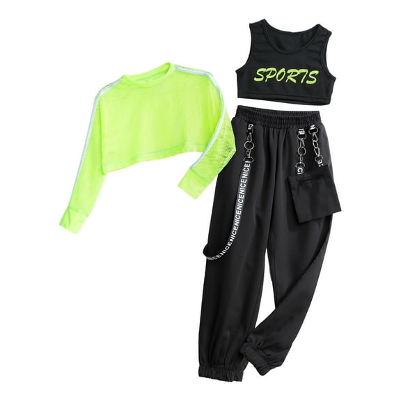 vastwit Girls 3 Piece Hip Hop Dance Sports Outfits Crop Tops Vest Jogger Pants Active Clothes Set Fluorescent Green 16