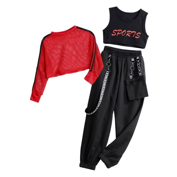 vastwit Girls 3 Piece Hip Hop Dance Sports Outfits Crop Tops Vest Jogger Pants Active Clothes Set Red 6