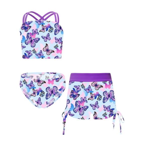 vastwit Girls 3 Piece Swimsuit Bikini Set Criss Cross Tankini Crop Top with Shorts Rash Guard Set Purple 14