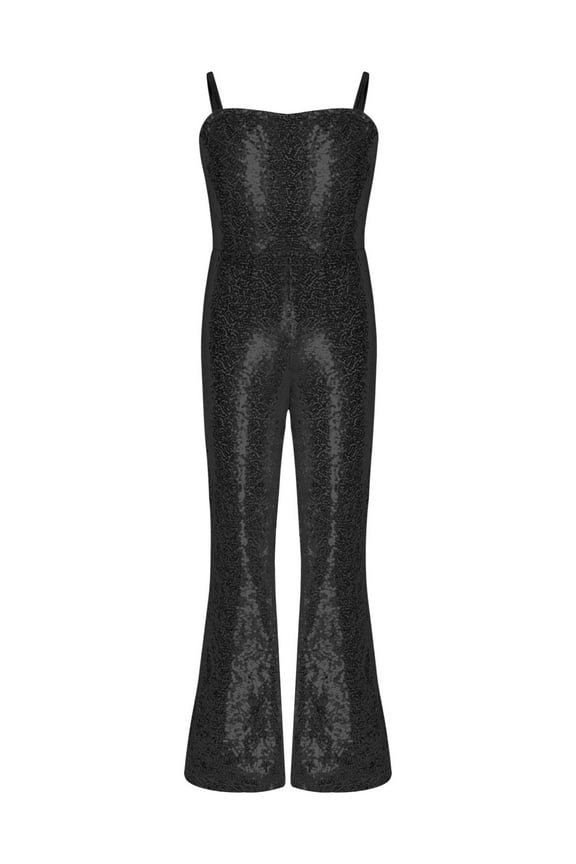 Girls 70s 80s Hippie Disco Costume Sequins One Piece Unitard Dancewear Bell Bottom Jumpsuit Black 10