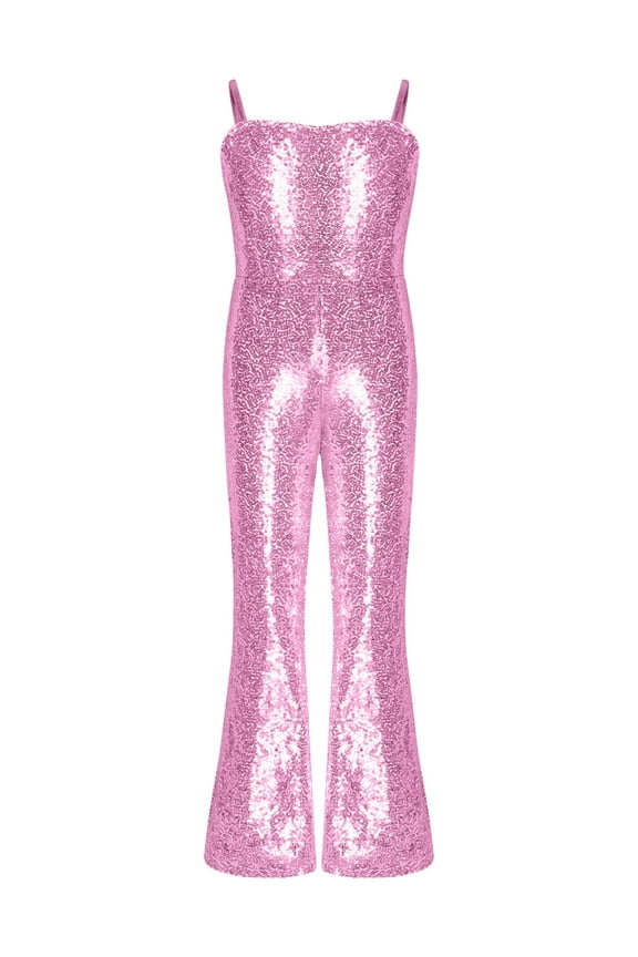 Girls 70s 80s Hippie Disco Costume Sequins One Piece Unitard Dancewear Bell Bottom Jumpsuit Pink 10