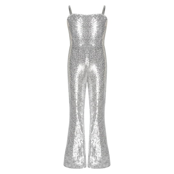 vastwit Girls 70s 80s Hippie Disco Costume Sequins One Piece Unitard Dancewear Bell Bottom Jumpsuit Silver 10