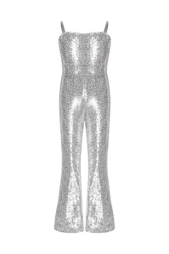 Girls 70s 80s Hippie Disco Costume Sequins One Piece Unitard Dancewear Bell Bottom Jumpsuit Silver 8