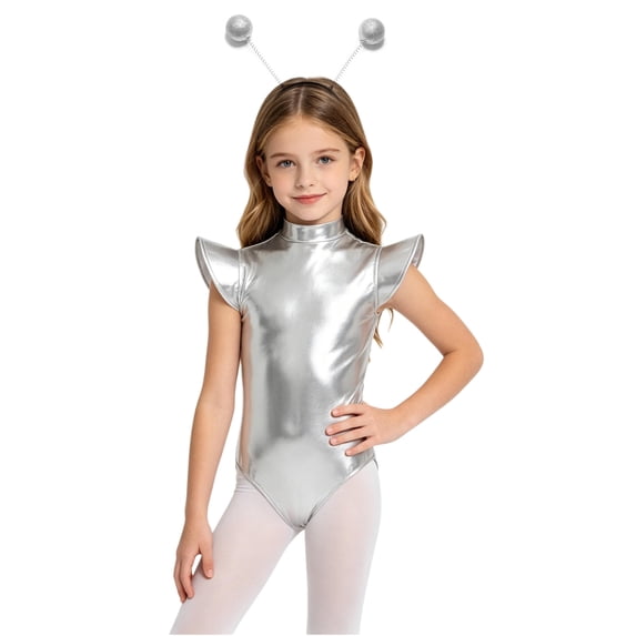 vastwit Girls Astronaut Leotard Metallic Alien Outfits Outer Space Fighter Bodysuit with Hair Hoop Silver 10