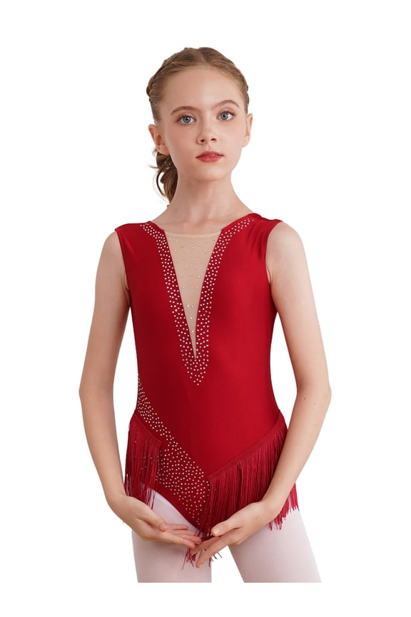 Girls Ballet Gymnastics Leotard Figure Skating Latin Dance Clothes Bodysuit Dancewear Burgundy 8
