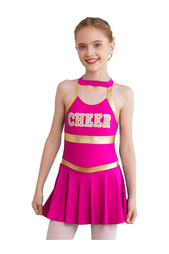 Girls' Cheer Leader Fancy Dance Leotard Dress Cheerleading Uniform Dresses Halloween Costume Hot Pink 8