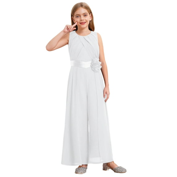 vastwit Girls Chiffon Jumpsuit Kids Overalls Sleeveless Romper Party Playsuit Wedding Dance Formal Ivory 12