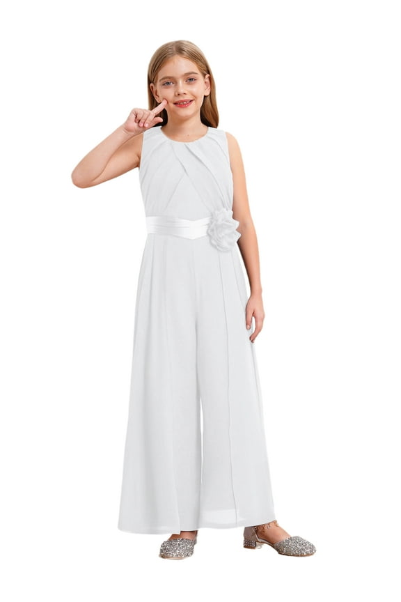 Girls Chiffon Jumpsuit Kids Overalls Sleeveless Romper Party Playsuit Wedding Dance Formal Ivory 8
