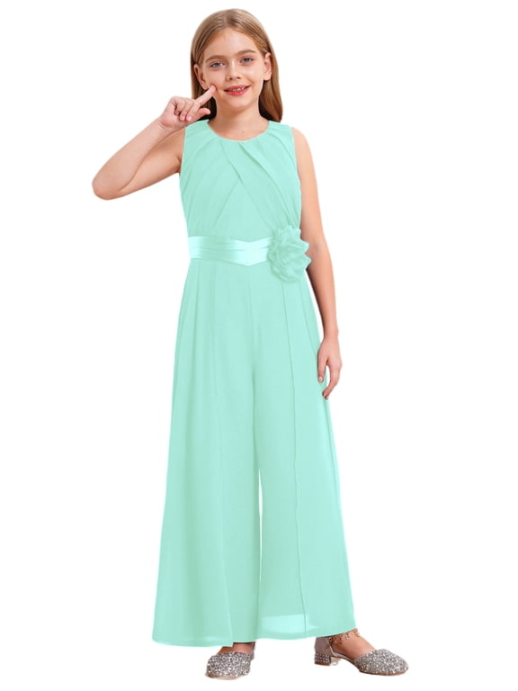 Girls Chiffon Jumpsuit Kids Overalls Sleeveless Romper Party Playsuit Wedding Dance Formal Mint Green 14