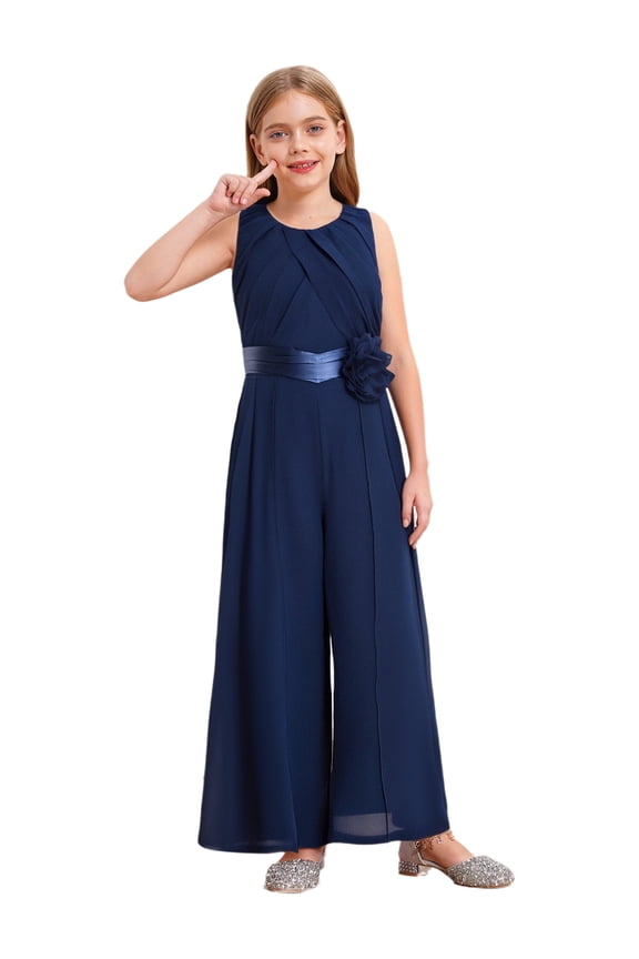 Girls Chiffon Jumpsuit Kids Overalls Sleeveless Romper Party Playsuit Wedding Dance Formal Navy Blue 10