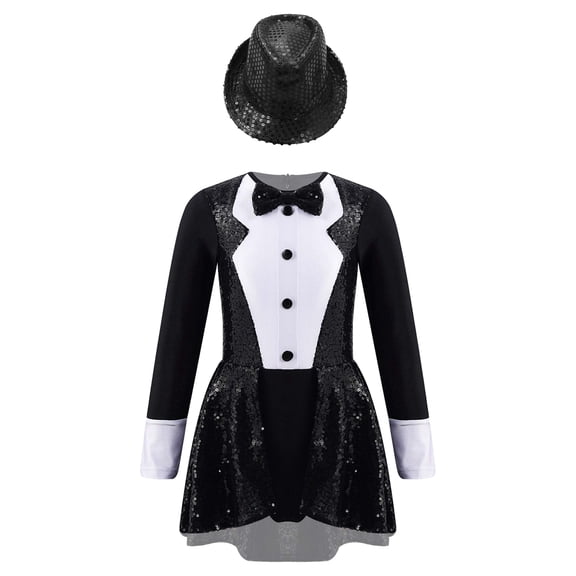 vastwit Girls Circus Bowtie Tuxedo Costume Sequins Jazz Dance Dress Leotard Halloween Cosplay Fancy Black 4
