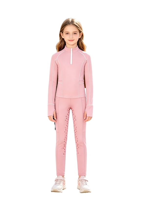 Girls Equestrian Shirt and Breeches Horse Riding Outfit Workout Half Zip Pullover Top with Leggings Set Pink 6