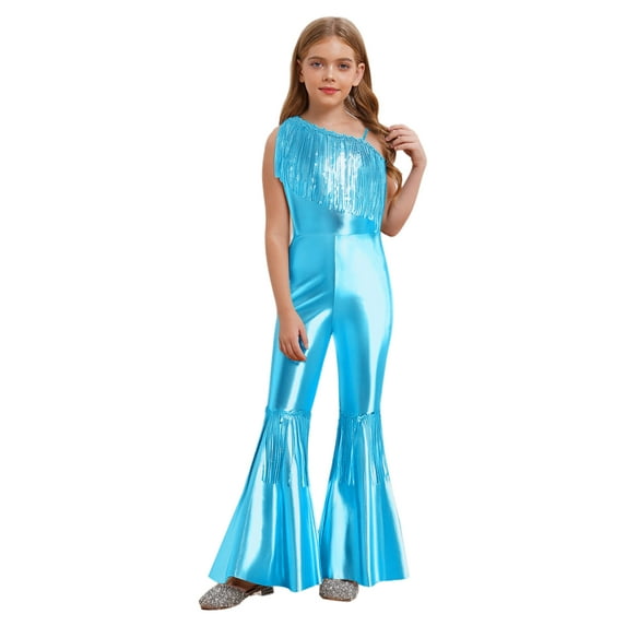 vastwit Girls Flared Jumpsuit Disco Performance Shiny Bodysuit Bell Bottom Pants Fringed Funky Dance Unitards Lake Blue 16