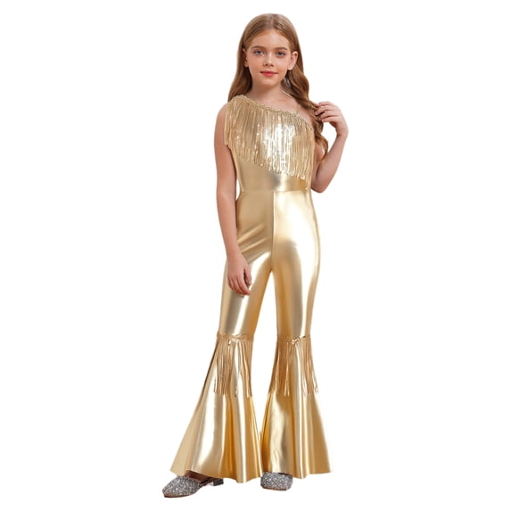 vastwit Girls Flared Jumpsuit Disco Performance Shiny Bodysuit Bell Bottom Pants Fringed Funky Dance Unitards Light Gold 8