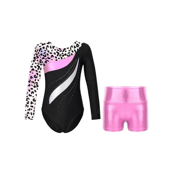 vastwit Girls Gymnastics Leotard with Shorts Active Clothes Set Metallic Ballet Dance Sports Outfits Leopard 10