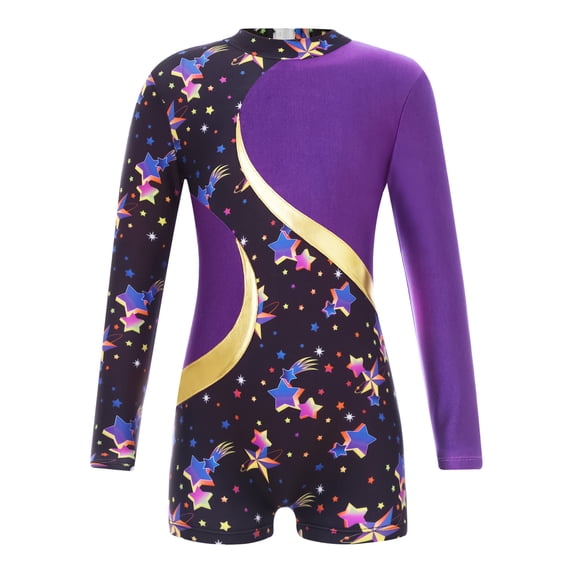 vastwit Girls Gymnastics Leotards Long Sleeve Ballet Dance Unitard Stretchy Shorty Bodysuit Dancewear Purple&Black 12
