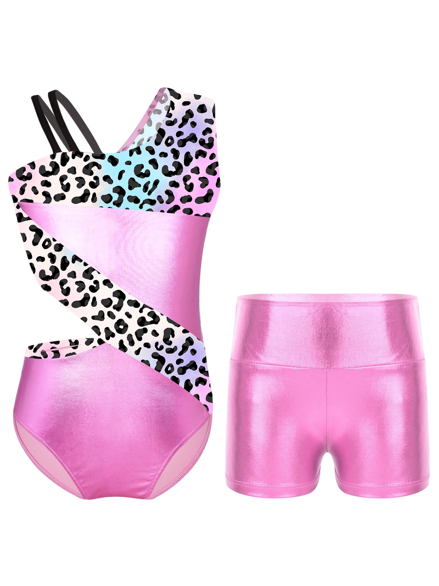 Doomiva Shiny Gymnastics Leotard Sets For Kids Girls One Shoulder Tank Top With Shirts Ballet Dance Biketard Bodysuit Zebra 8 - View #5