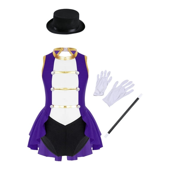 vastwit Girls Halloween Circus Ringmaster Outfit Modern Dancewear Leotard Dress with Accessories Set Purple 14