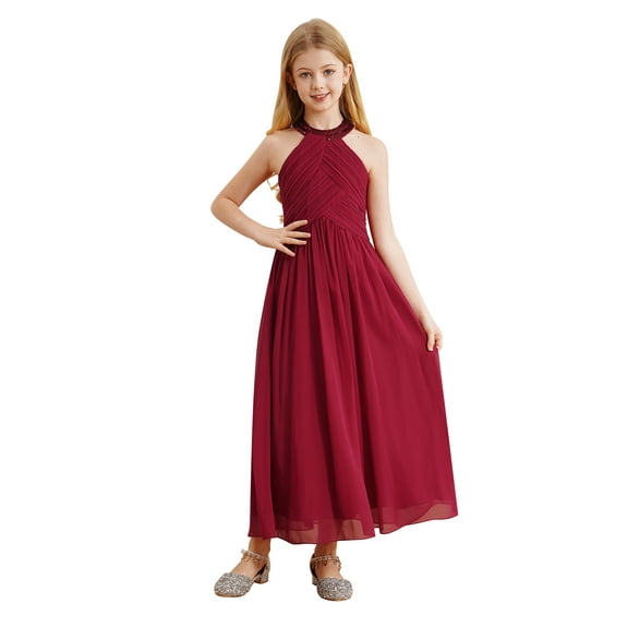 vastwit Girls Halter Neck Ruched Chiffon Wedding Party Bridesmaid Ball Gown Maxi Long Flower Dress Burgundy 12