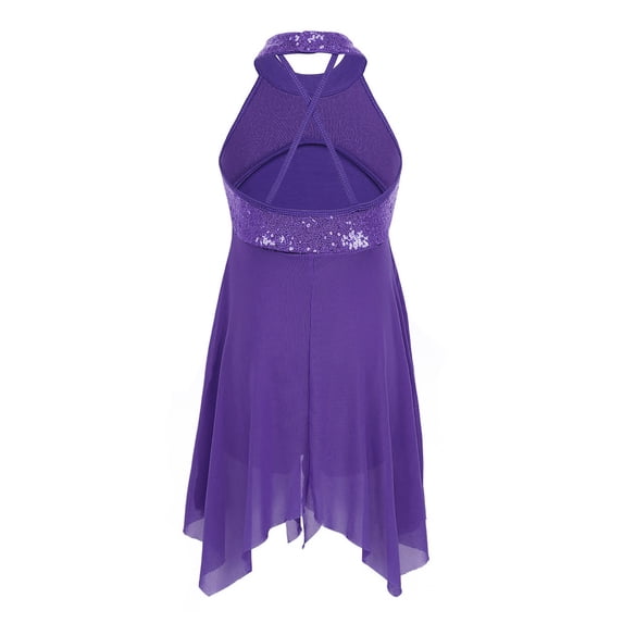 vastwit Girls Halter Sequins Ballet Dance Dress Sleeveless Irregular Tulle Lyrical Dress Ballerina Dancewear Purple 16