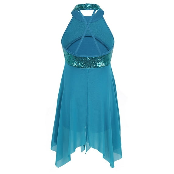 vastwit Girls Halter Sequins Ballet Dance Dress Sleeveless Irregular Tulle Lyrical Dress Ballerina Dancewear Turquoise 16