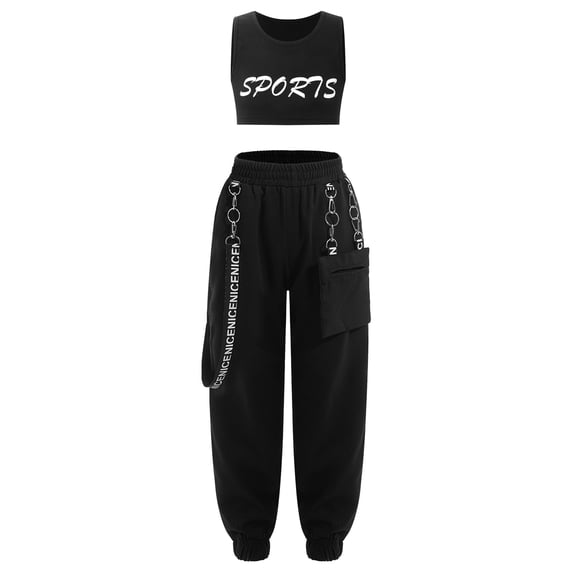 vastwit Girls Hip Hop Clothes 2 Piece Outfits Crop Tops Chain Pocket Jogger Pants Set Jazz Street Black 10