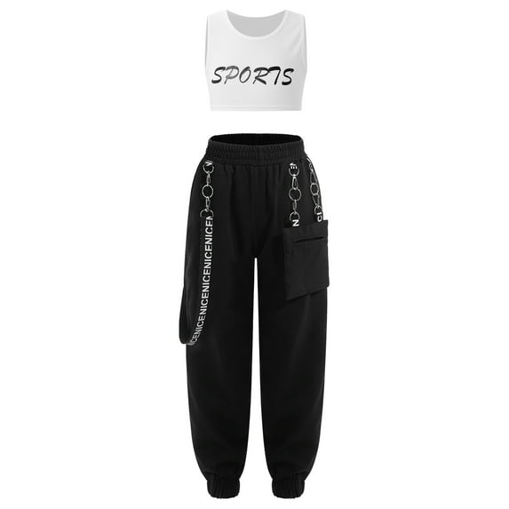 vastwit Girls Hip Hop Clothes 2 Piece Outfits Crop Tops Chain Pocket Jogger Pants Set Jazz Street Ivory 16