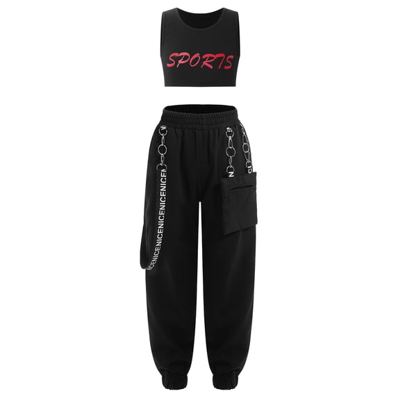 vastwit Girls Hip Hop Clothes 2 Piece Outfits Crop Tops Chain Pocket Jogger Pants Set Jazz Street Red 10