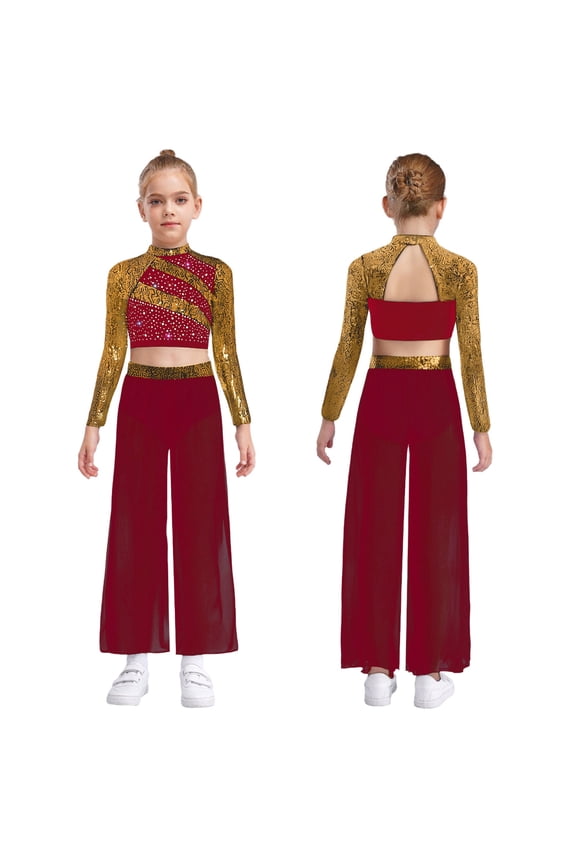 Girls Jazz Hip Hop Jazz Dance Outfit Cheerleading Uniform Sparkle Crop Top with Flowy Pants Set Burgundy 6