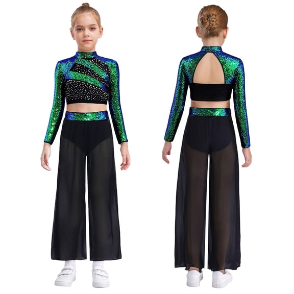 vastwit Girls Jazz Hip Hop Jazz Dance Outfit Cheerleading Uniform Sparkle Crop Top with Flowy Pants Set Green 6